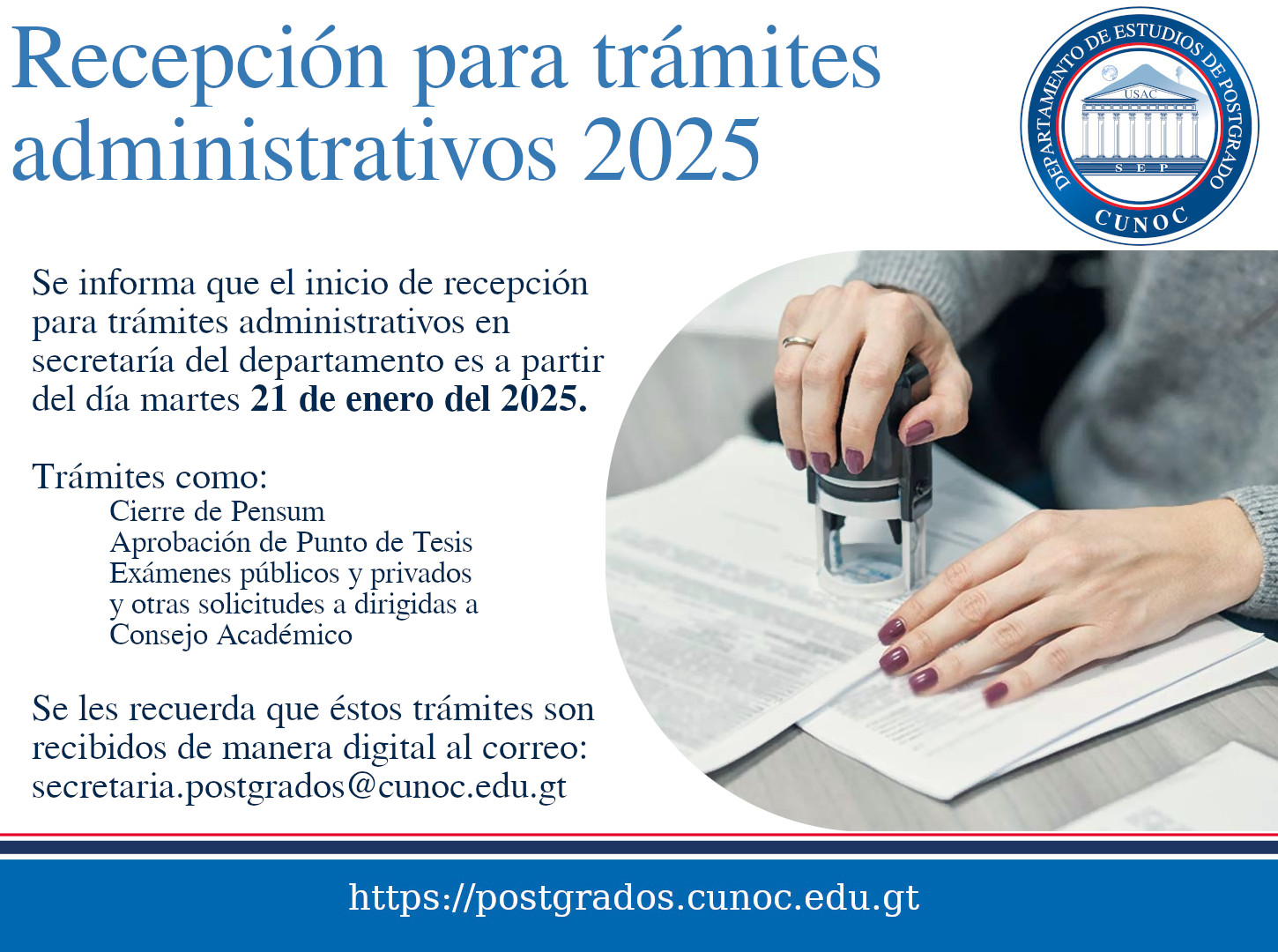 Recepción para trámites administrativos 2025